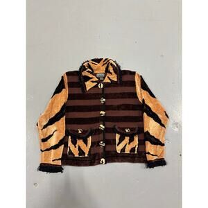Berek By Takako Animal Print Vintage Fringe Brown Sweater Cardigan Size M